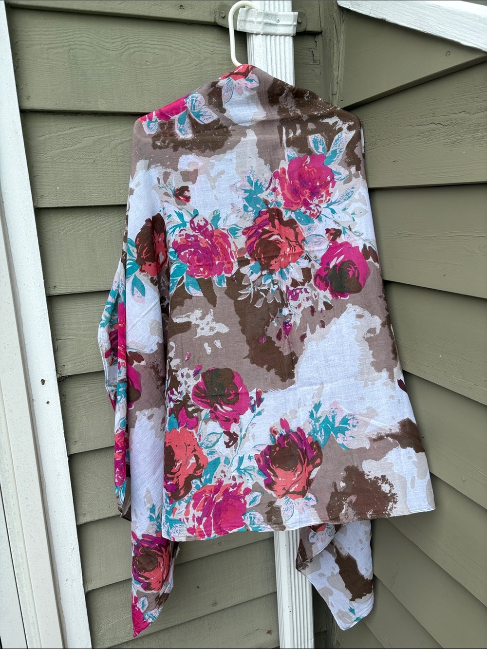 100% Cotton Floral Lightweight large Shawl/ Scarf in Brown, Pink & Teal